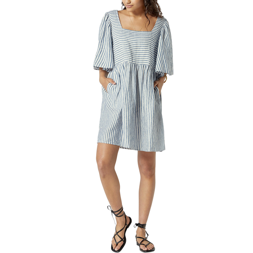 Joie Anjelica Blue White Striped Linen Linen Smock Dress Size XL Square Neck